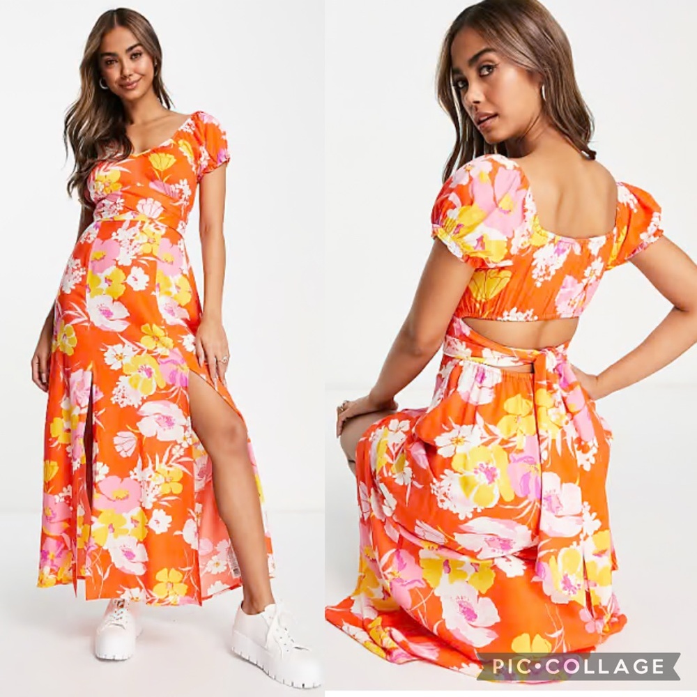 Miss Selfridge bright floral maxi sundress with open back size 12.